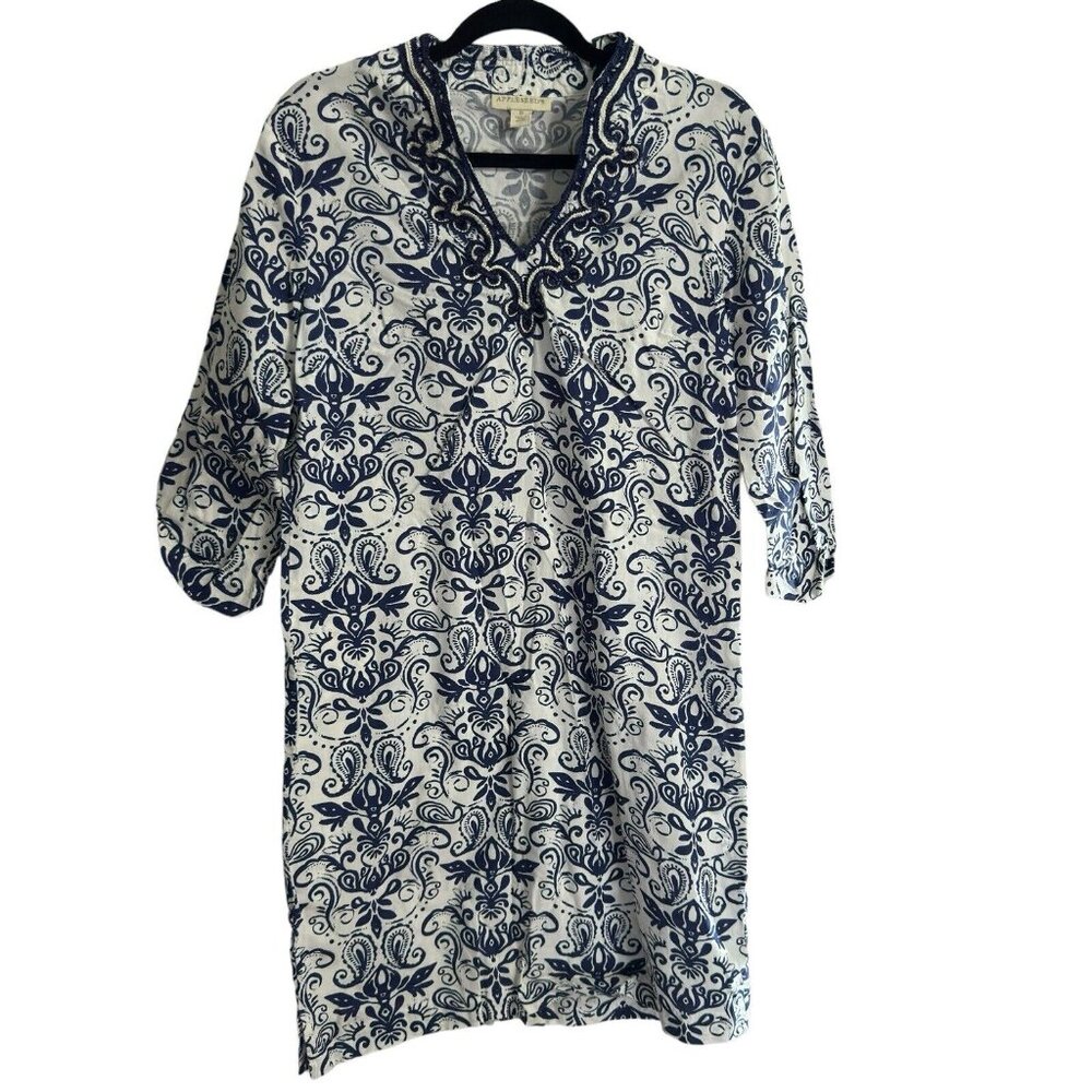 Appleseeds Womens Dress Size 8 Blue & Up White 3/4 Sleeve Embroidery